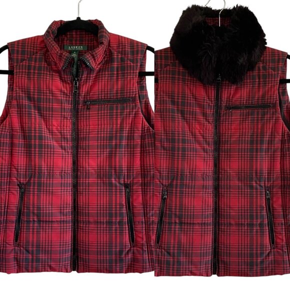 Ralph Lauren Red & Black Zip Up Plaid Puffer Vest Sz M - Picture 1 of 8